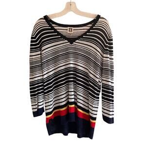Anne Klein Sweater Linen Blend Lightweight Striped Navy Blue Nautical Beachy M